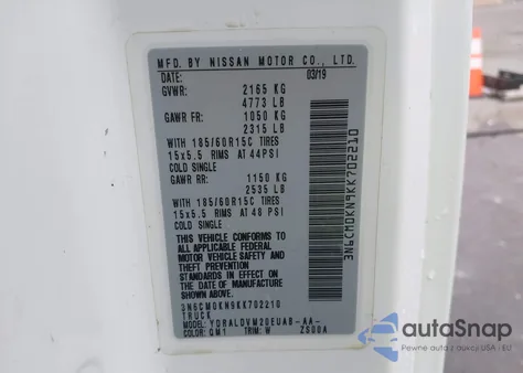 2019 Nissan Nv200 S z USA, uszkodzony, nr VIN 3N6CM0KN9KK702210